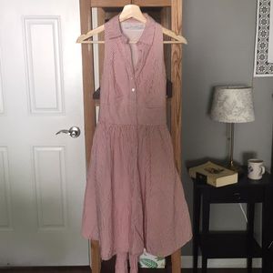 Pale red and white stripe shirt dress.